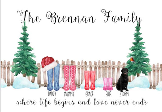 Our Family Wellie Print Christmas Theme A5/A4/A3 Framed/Unframed (inc. P&P)